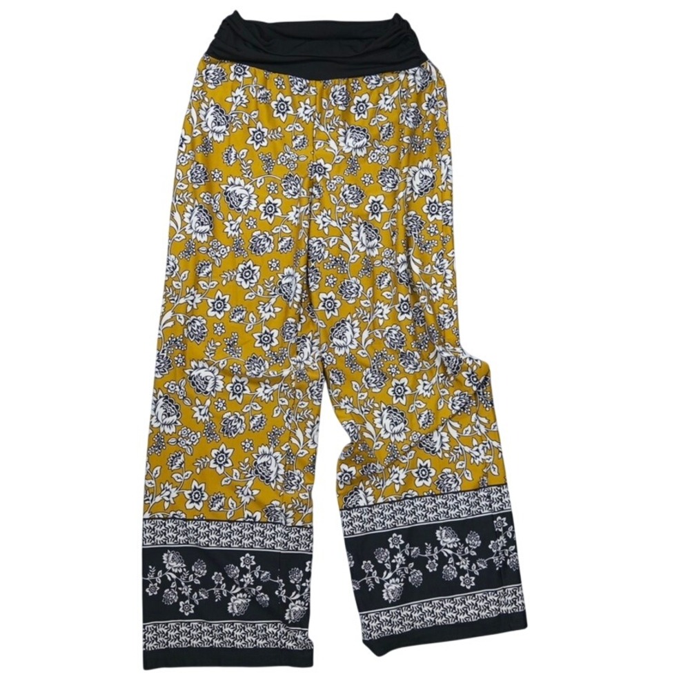 Floral Palazzo Pants Womens M High Waist Wide Leg Yellow Brown Boho Gypsy Beach